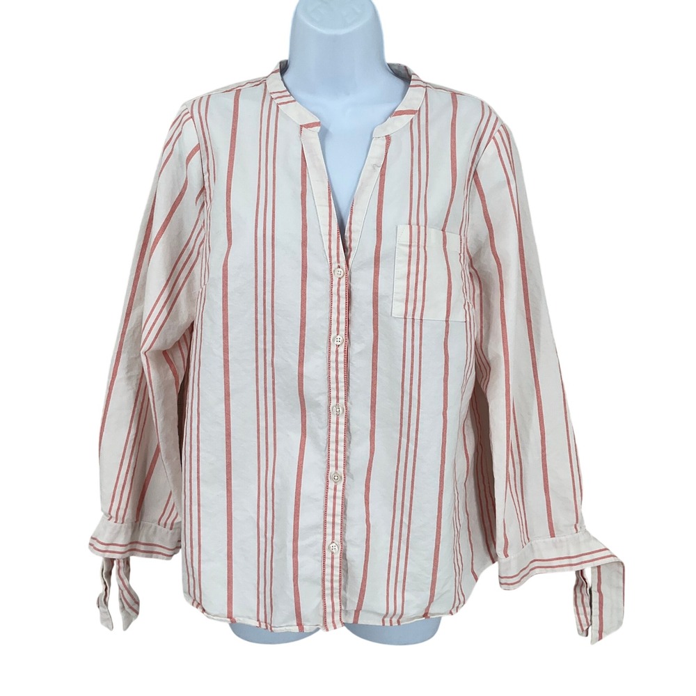J.Crew Button Down Shirt Women Sz M White Red Cotton Striped Tie Cuff Preppy